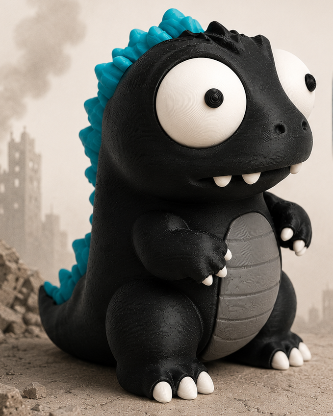 Kaiju dino monster figure with large movable googly eyes, front view on white background