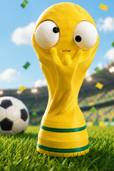 Close-up of goofy world cup trophy figure with large movable googly eye, front view