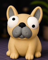 Close-up of a Goofy Frenchie French Bulldog figurine with big movable googly eyes, front view