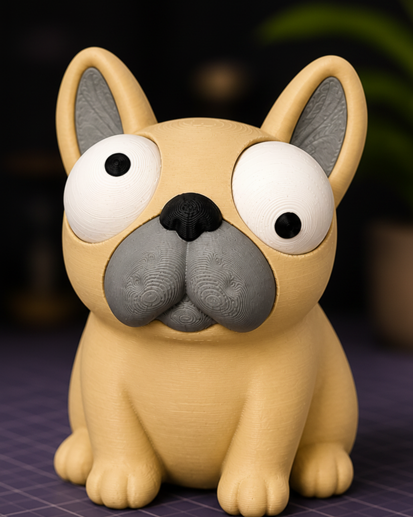 Close-up of a Goofy Frenchie French Bulldog figurine with big movable googly eyes, front view