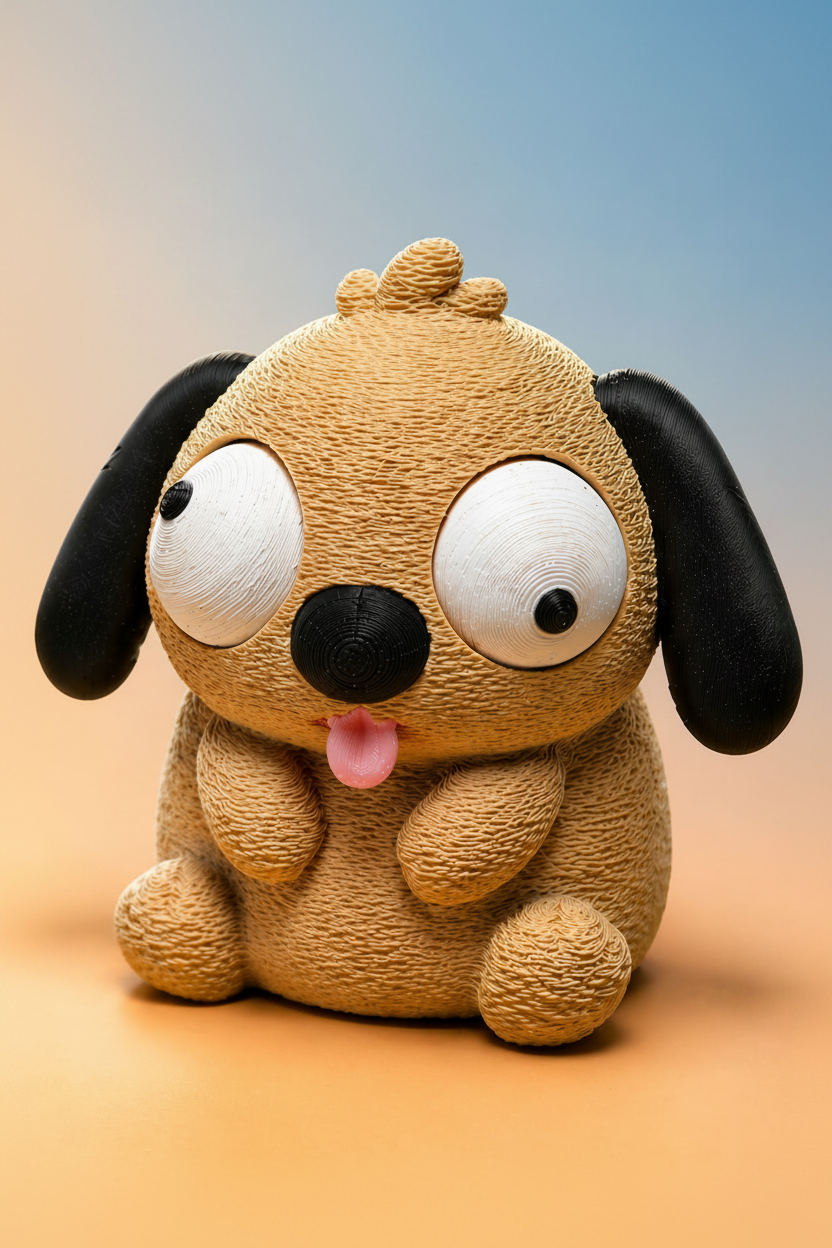 Close-up of goofy dog figure with large movable googly eyes, white background