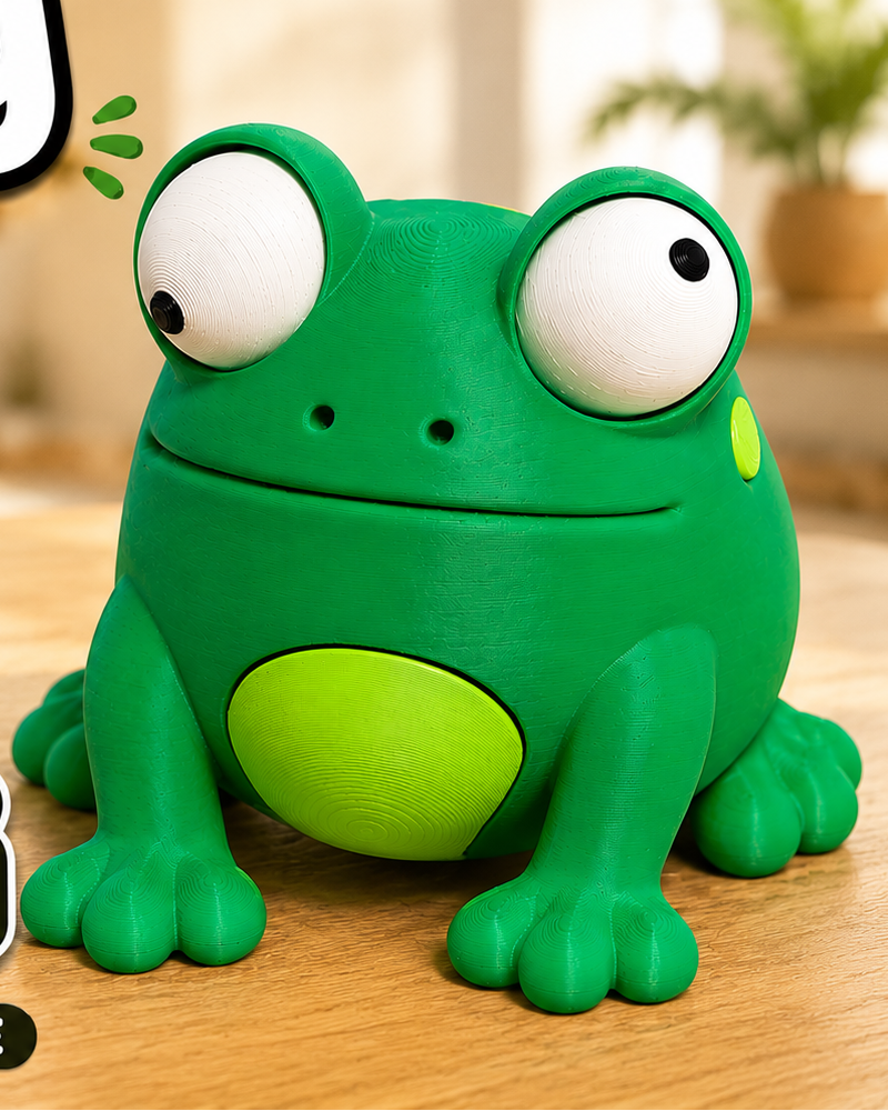 Close-up of goofy frog figurine with large movable googly eyes, white background