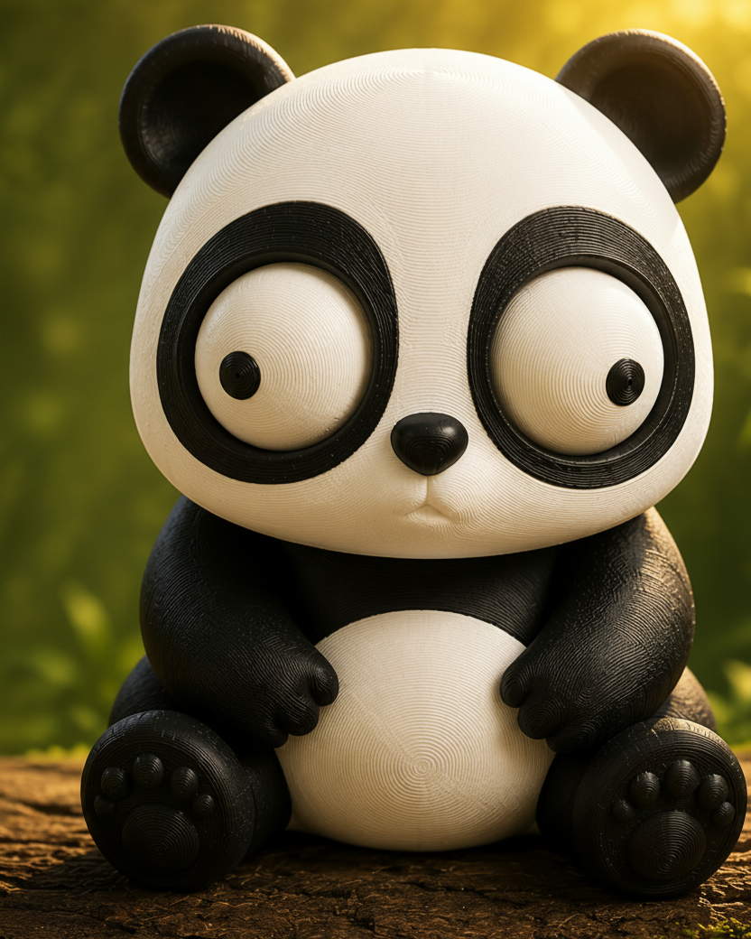 Close-up of a black and white panda figure with big movable googly eyes on a white background