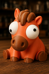 Close-up of goofy horse figurine with big movable googly eyes on a white surface