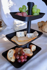 Three tier rectangular serving tray with stacked platforms in white