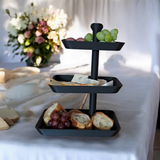 Three tier rectangular serving tray with stacked platforms in white