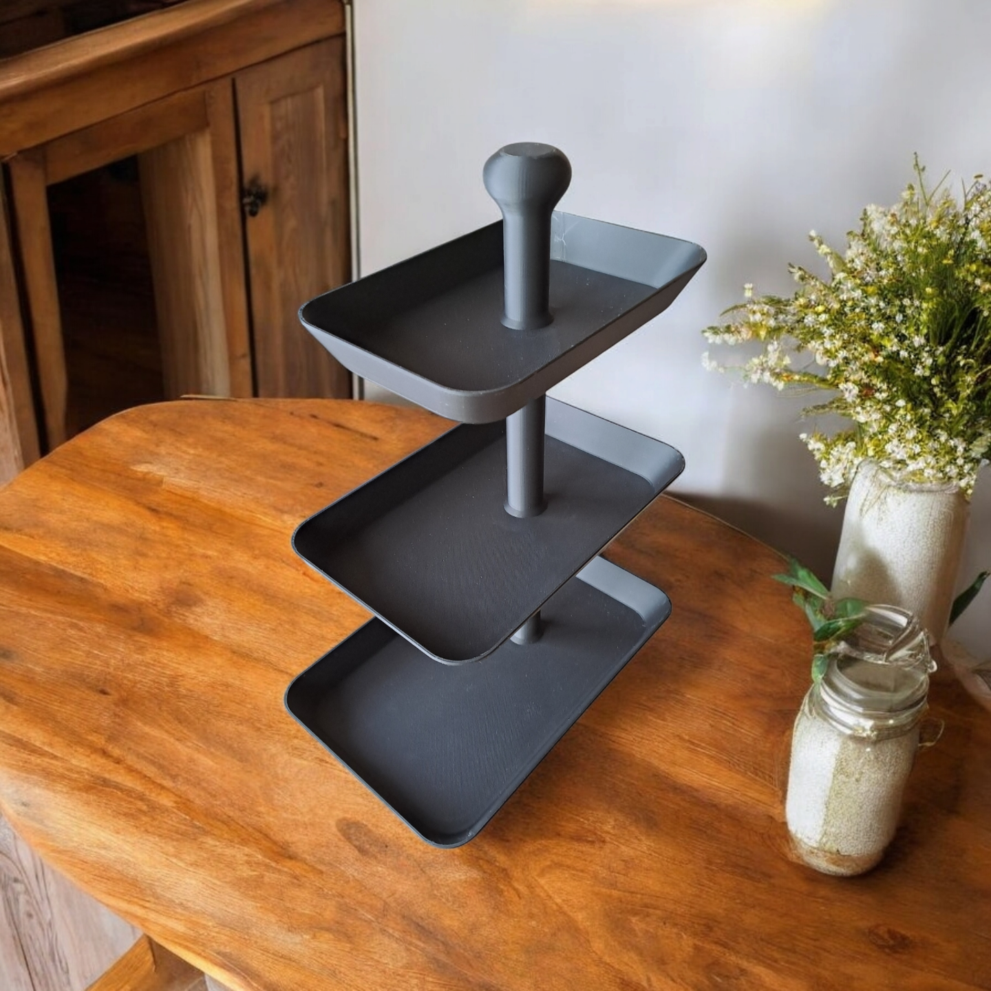 Three tier rectangular serving tray with stacked platforms in white