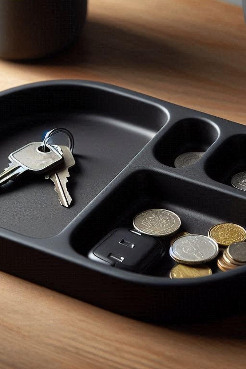 Rounded key tray in neutral matte finish, top view showing shallow bowl shape