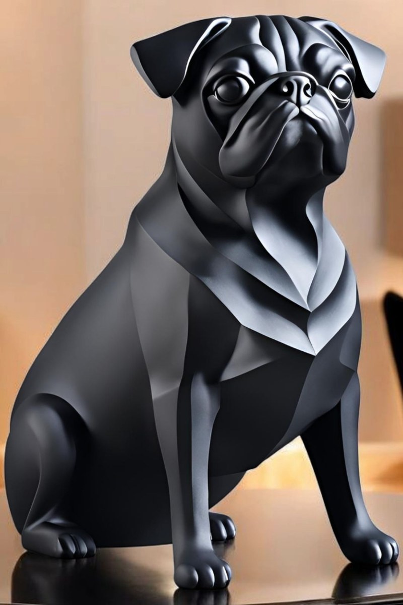 Close-up of minimalist pug sculpture showing smooth matte black surface