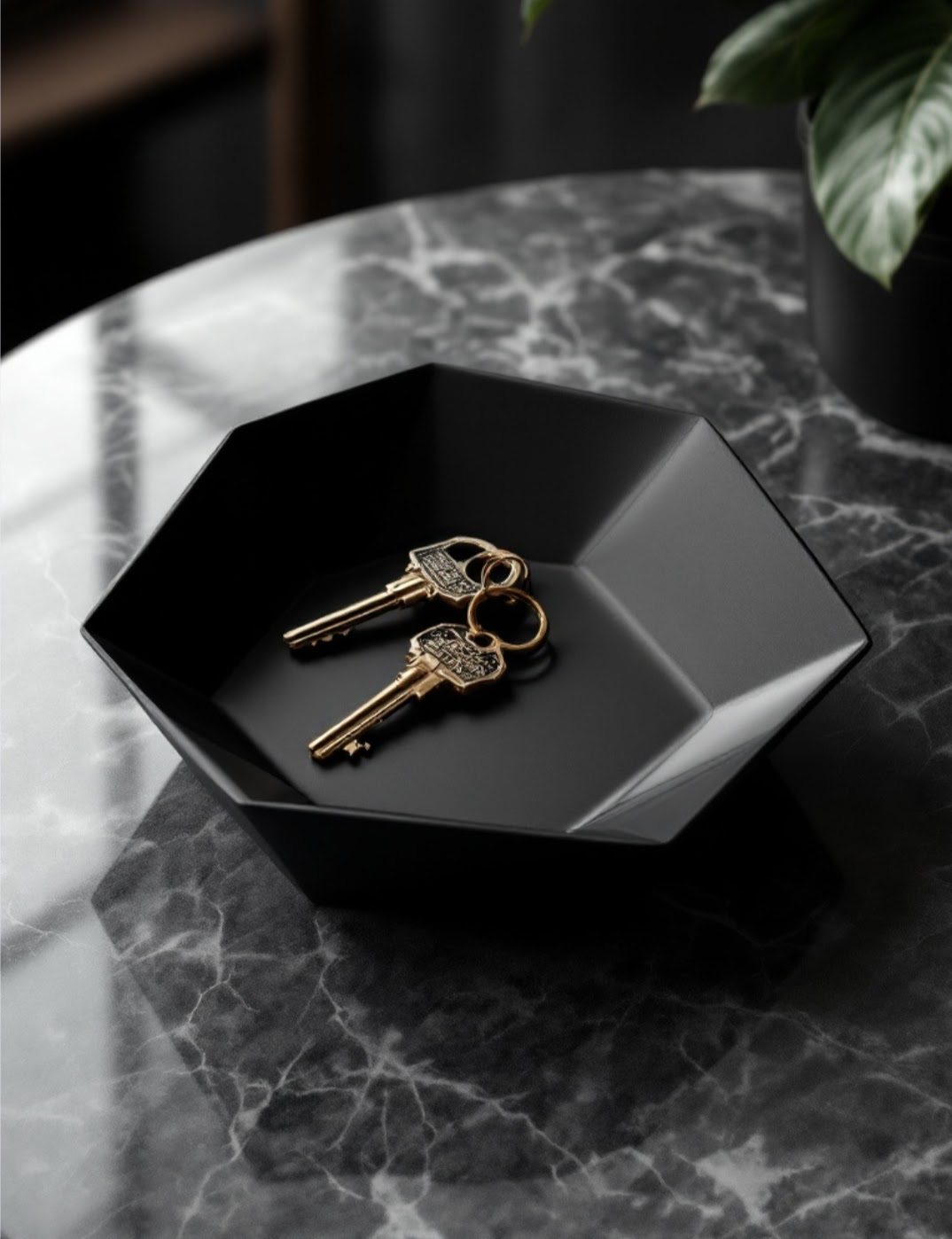 Heptagonal key tray on white desk holding keys, coins, and small items