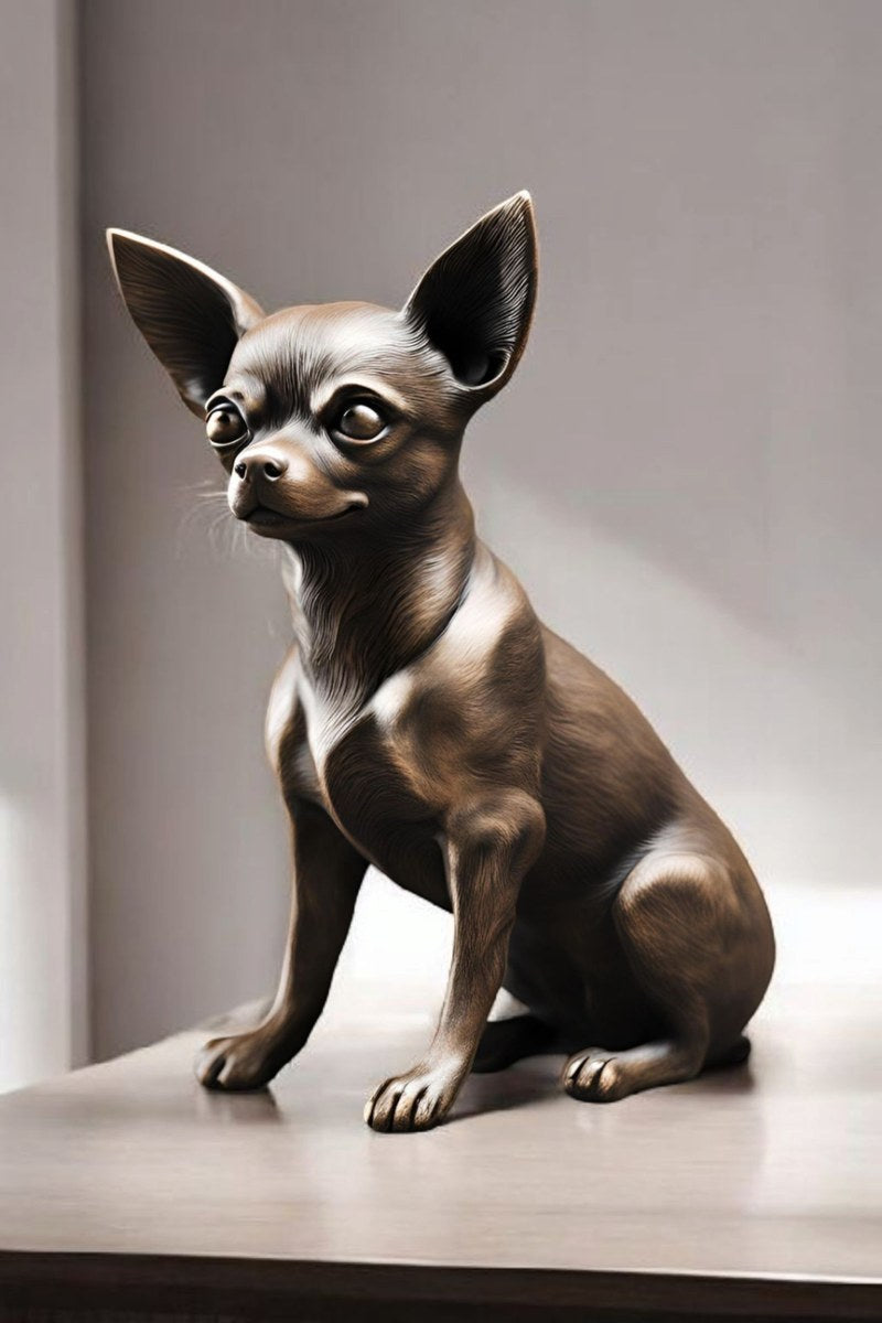 Close-up of minimalist chihuahua sculpture showing clean profile and alert posture