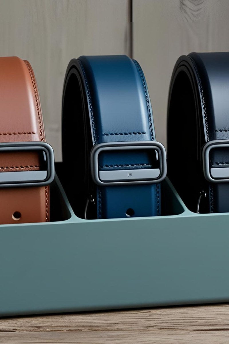 Minimalist belt organizer holding leather belts in neutral tones