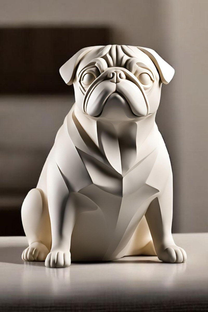 Close-up of minimalist pug sculpture showing soft, rounded forms and smooth surface