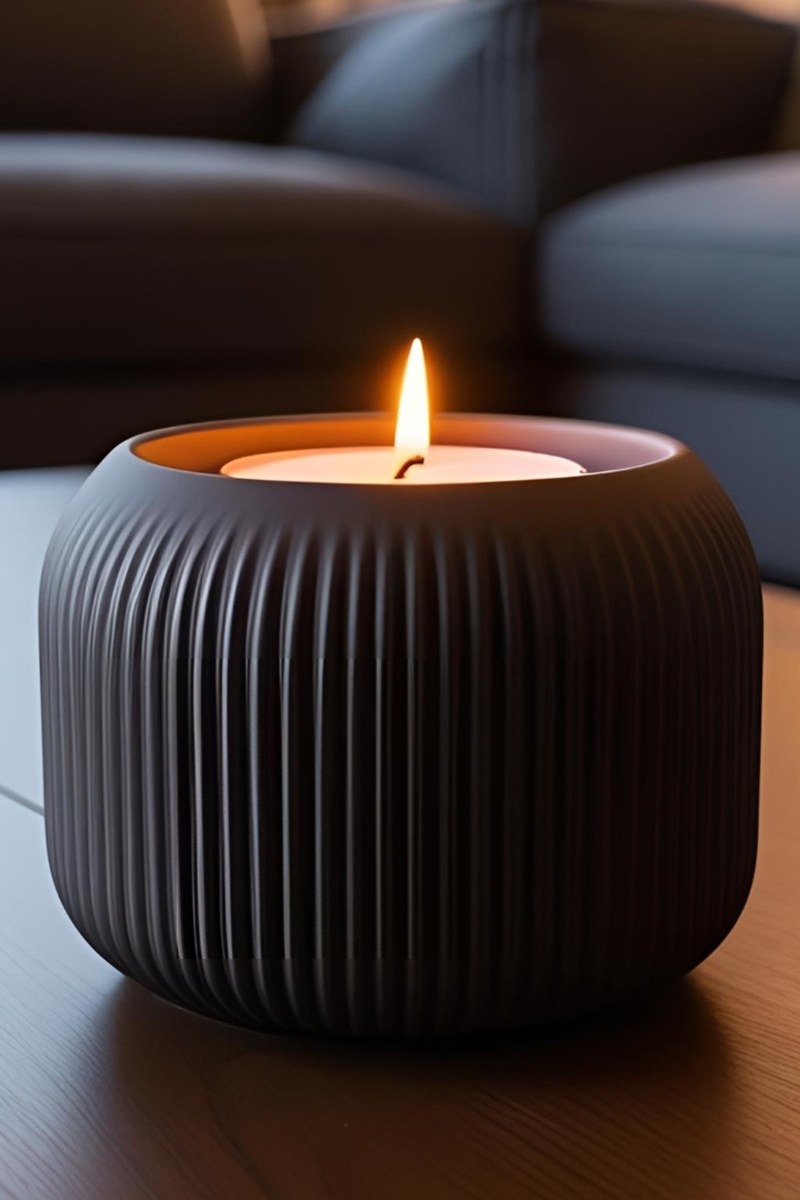Close-up of minimalist tealight holder showing vertical ribbed texture