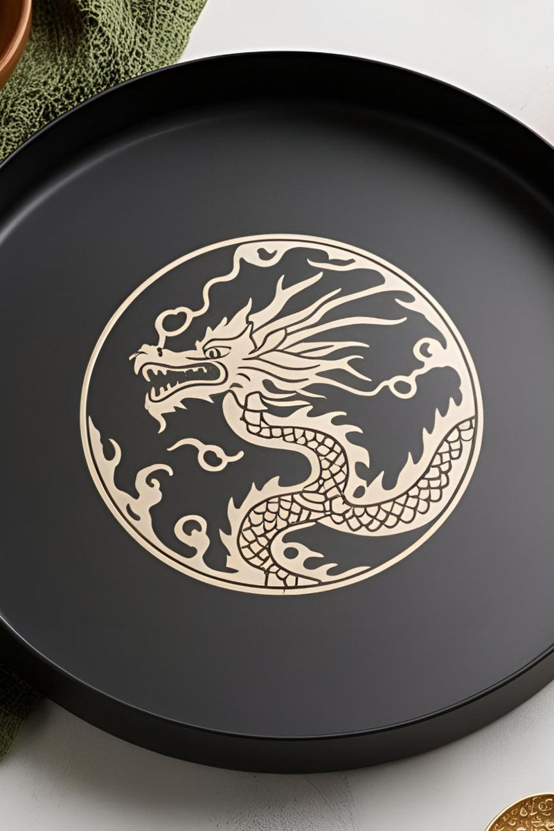 Square dragon tray with carved relief center detail, minimalist design