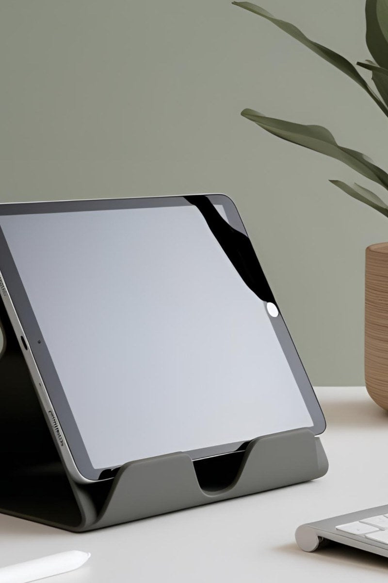 Minimalist iPad stand in white, showing angled design and stable base
