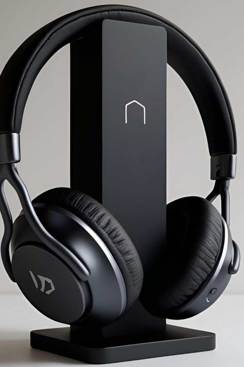 Minimalist headphone holder with subtle logo detail, side view on neutral surface