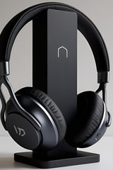 Minimalist headphone holder with subtle logo detail, side view on neutral surface