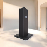 Close-up of the logo detail on the modern minimalist headphone holder front