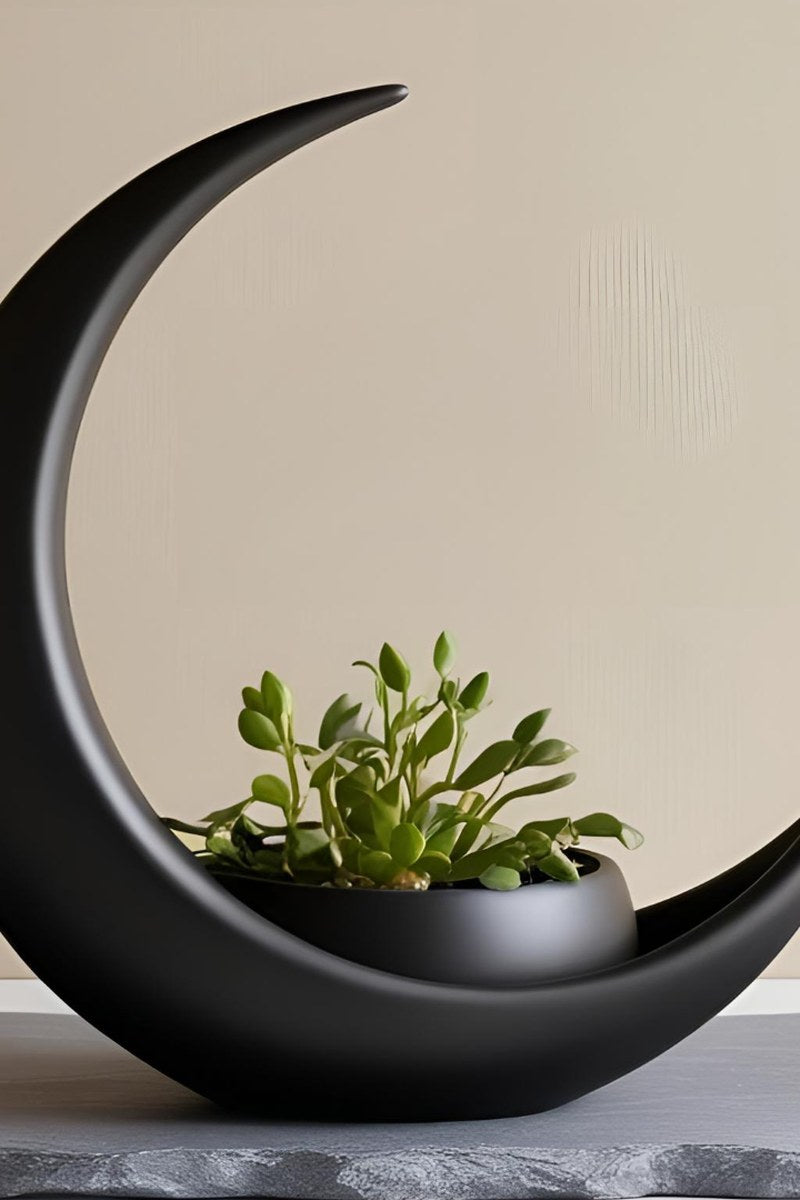 White crescent moon planter with elliptical pot detail, close-up view showing smooth surface
