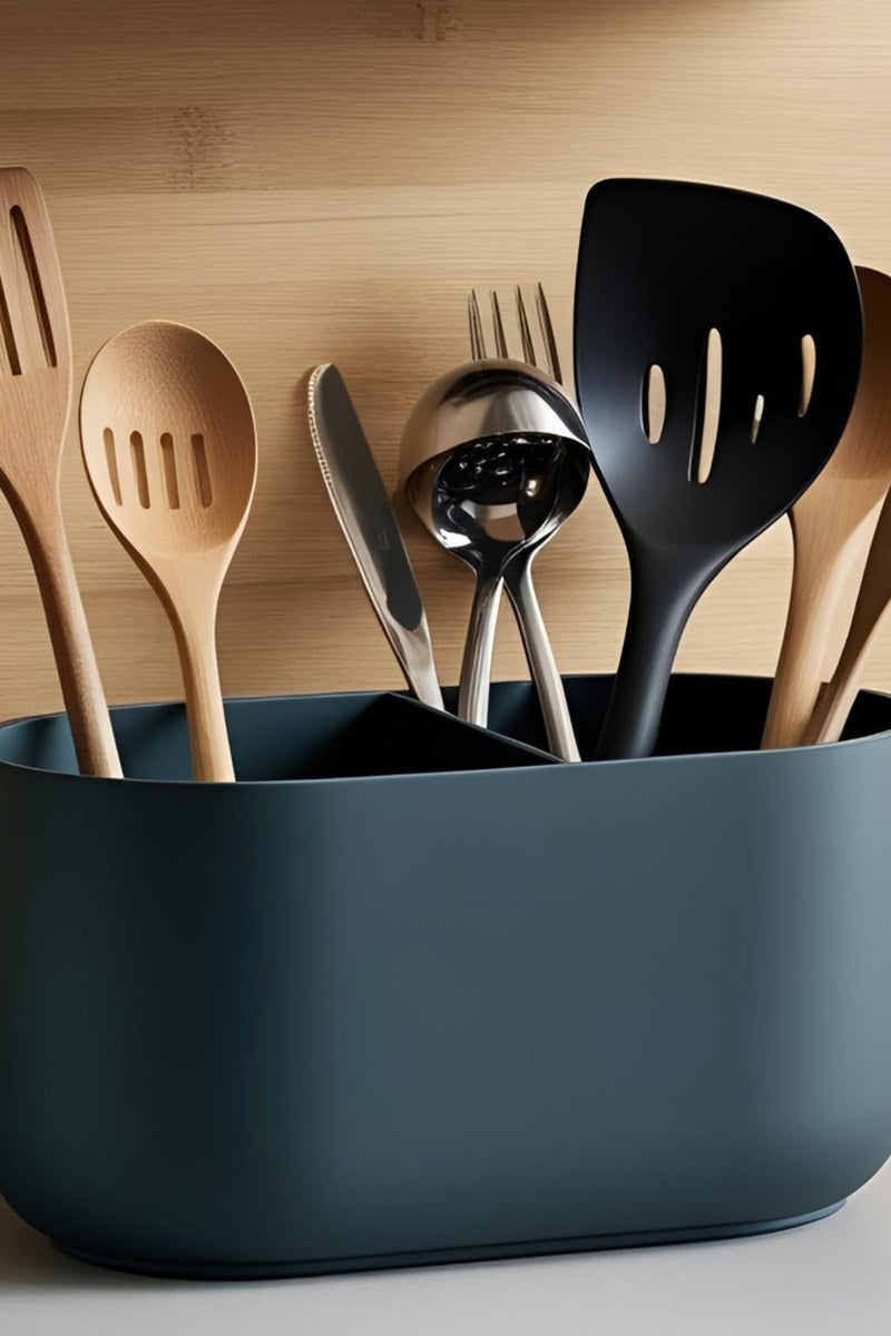 Minimalist kitchen utensil holder with two compartments, clean Scandinavian design