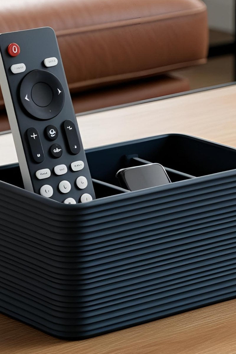 Close-up of ribbed remote control holder showing vertical texture detail