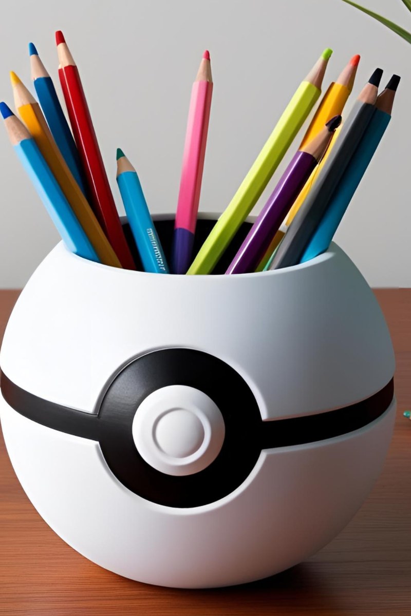 Red and white pokéball pencil holder with pens inside, close-up view