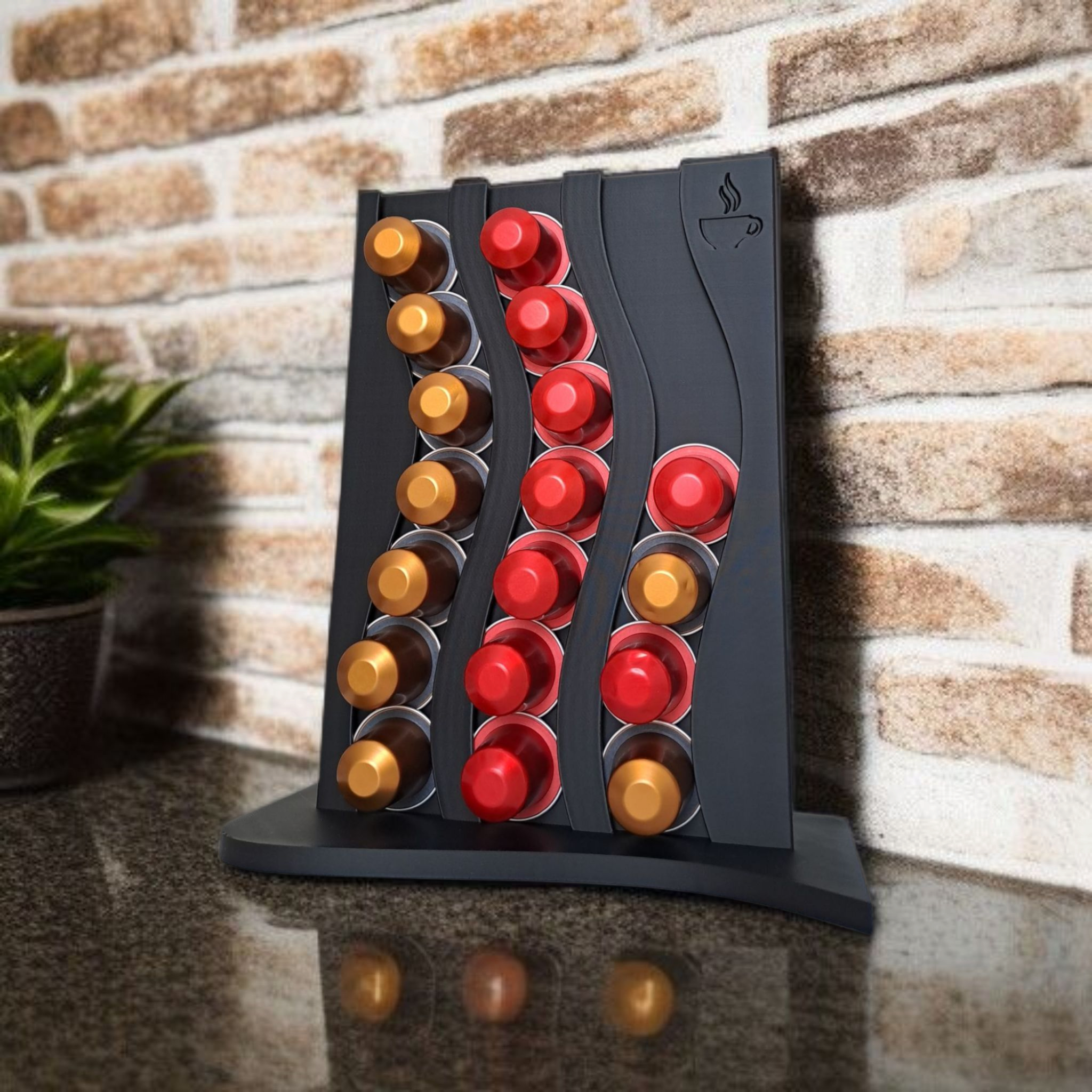 Wavy nespresso capsule holder filled with assorted coffee capsules, close-up view of textured surface