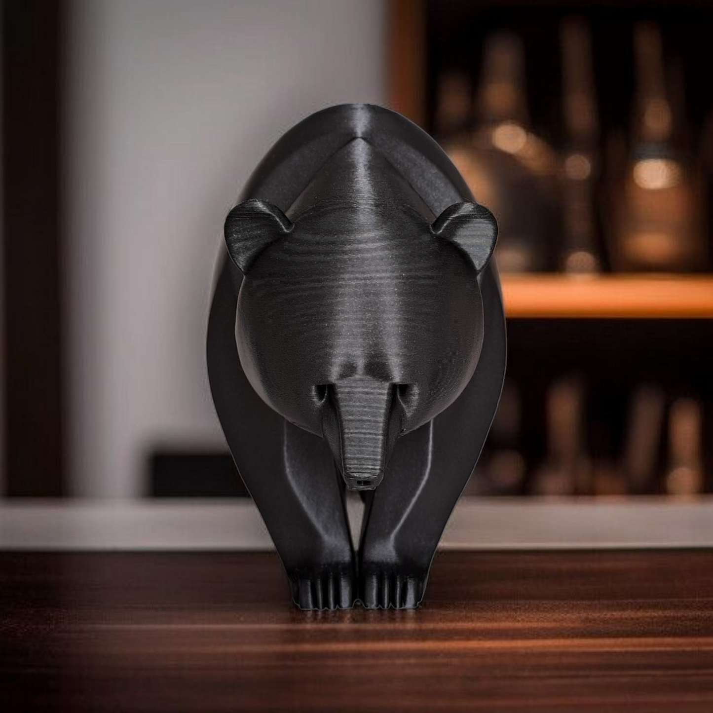 Detail of the abstract bear sculpture's contoured form and finish