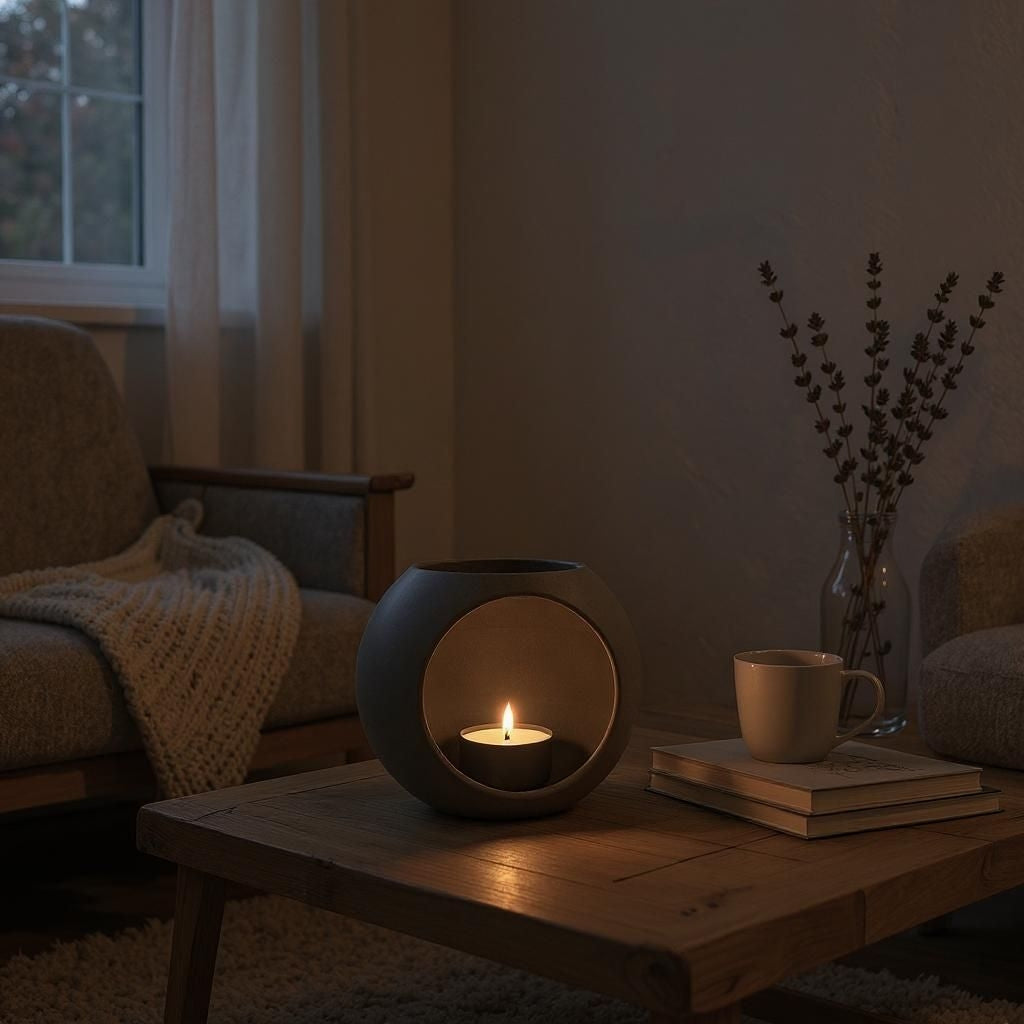 Modern LED tealight holder on shelf with warm candlelight glowing inside