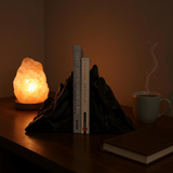 Pair of mountain bookends holding books upright on wooden shelf