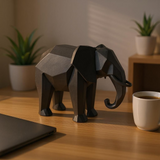 Low poly elephant sculpture displayed on a minimal shelf with books and plants