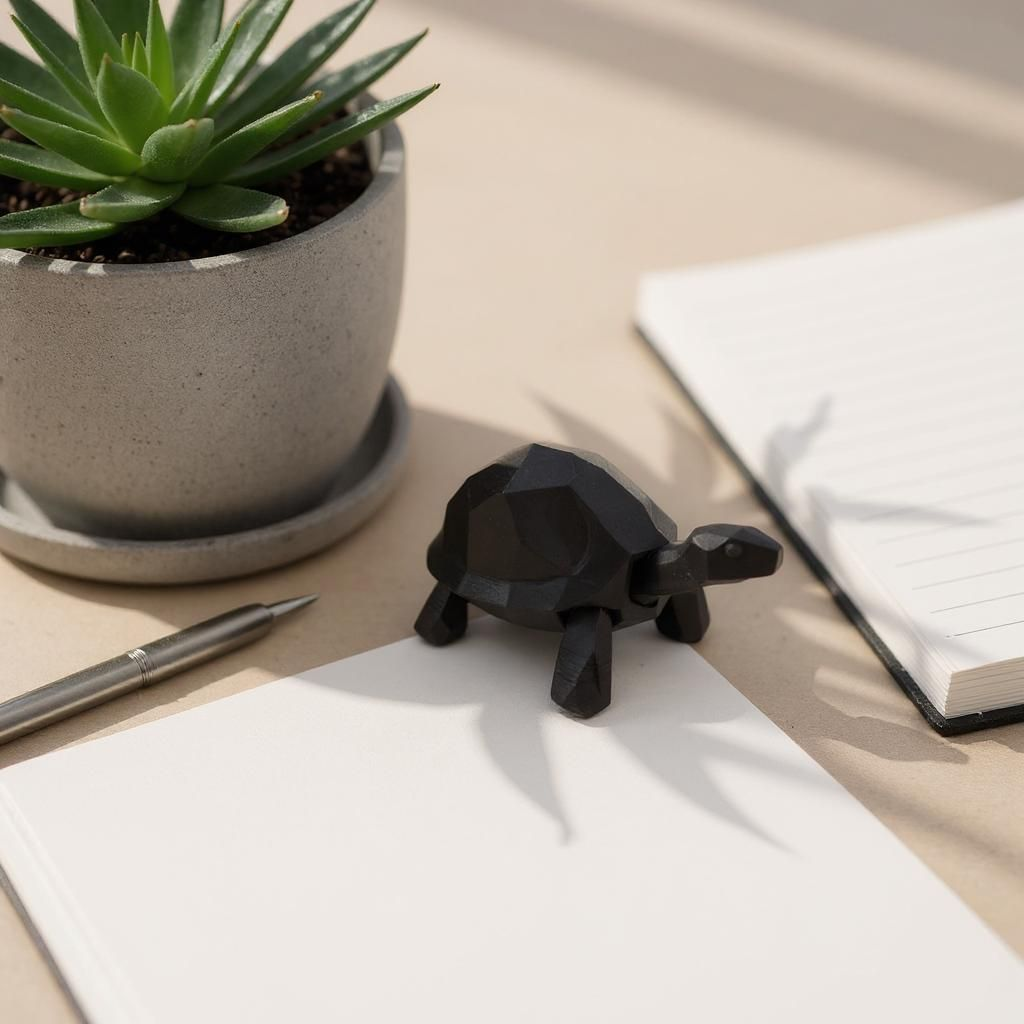 Close-up of low poly turtle sculpture showing geometric faceted surface and clean lines