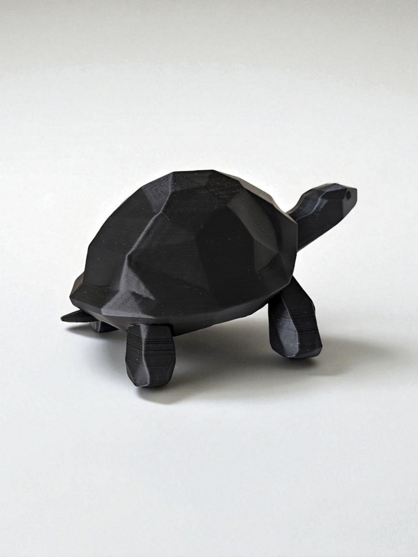 Close-up of low poly turtle sculpture showing geometric faceted surface and clean lines