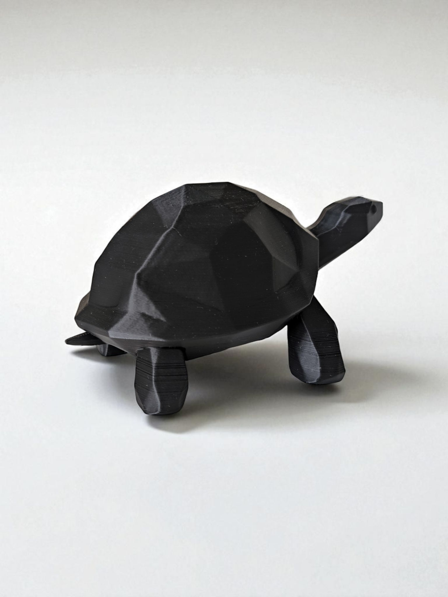 Close-up of low poly turtle sculpture showing geometric faceted surface and clean lines