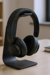 Swing headphone stand viewed from the side, showing curved cantilever arm and stable base