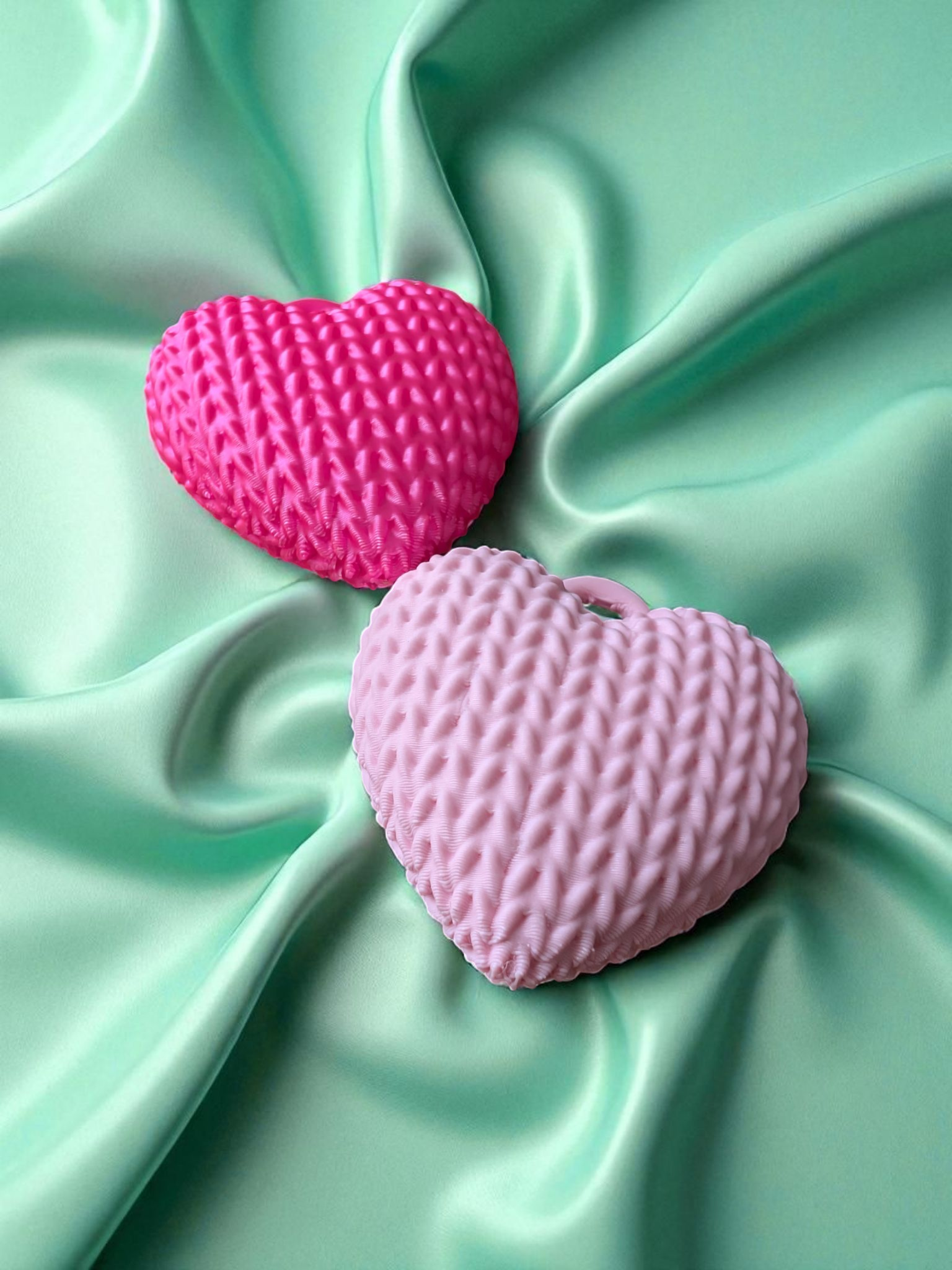Close-up of knitted heart keychain showing textured surface and soft detail