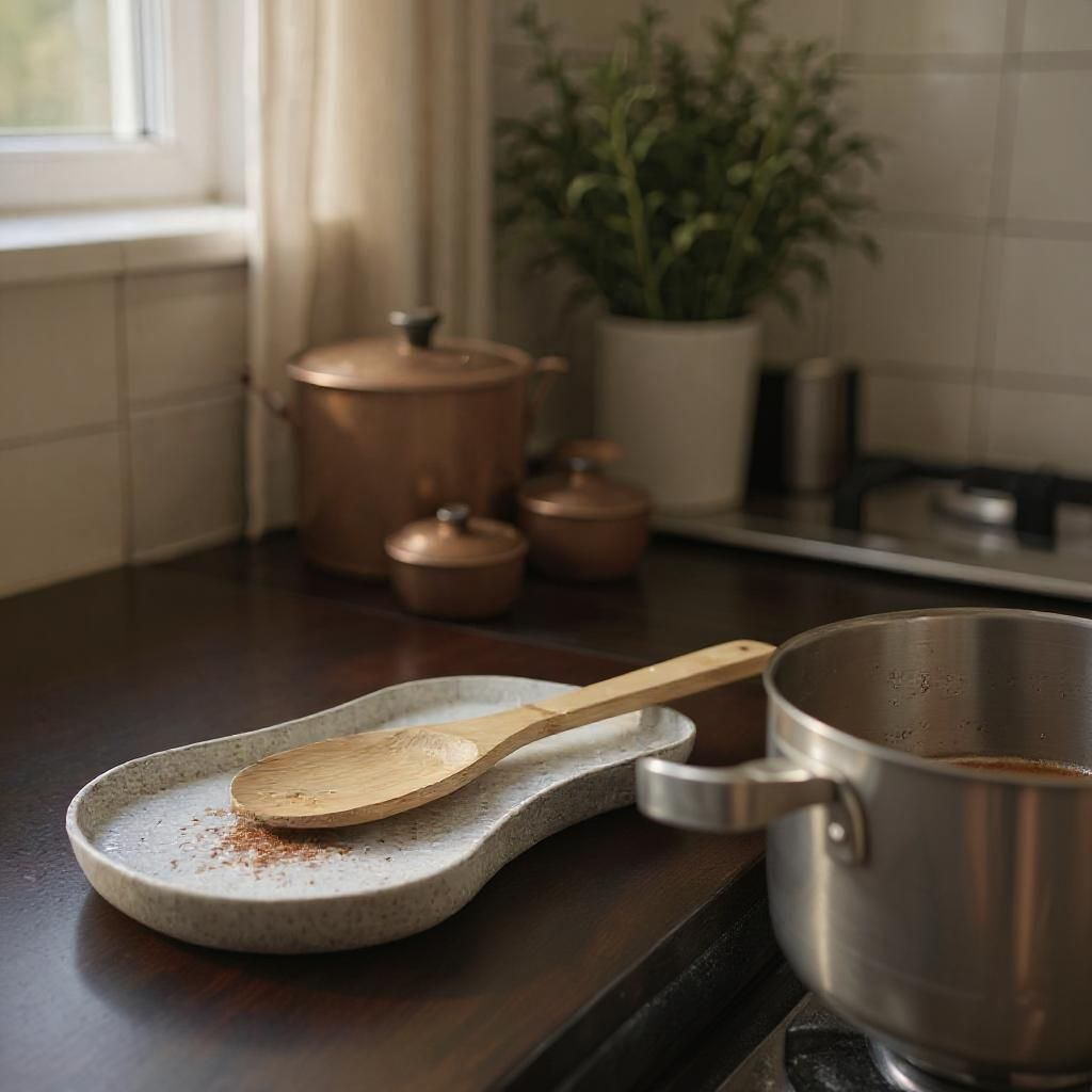 Detail of spoon rest edge showing curved lip for utensil grip