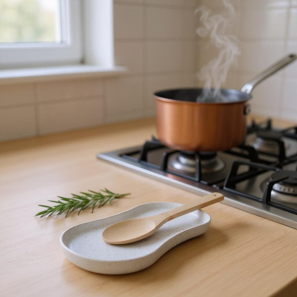 Minimalist white spoon rest with shallow tray design, close-up view