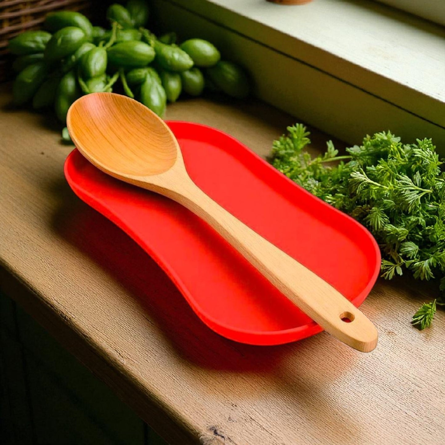 Minimalist white spoon rest with shallow tray design, close-up view