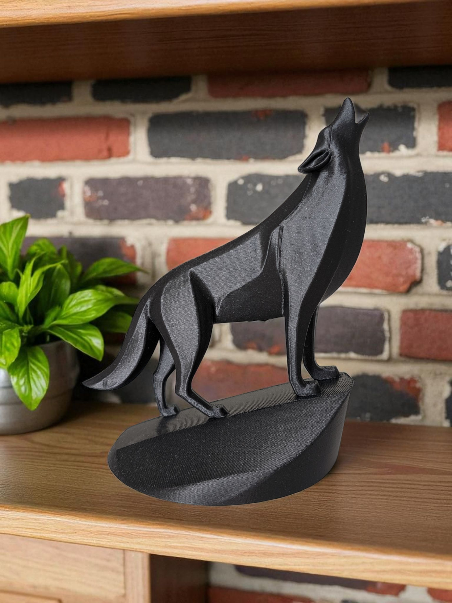 Minimalist wolf sculpture on pedestal displayed on a wooden shelf in modern interior