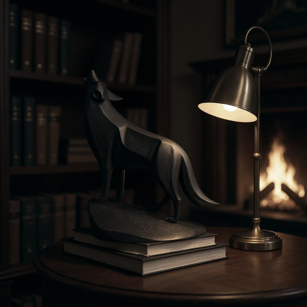 Side profile of minimalist wolf sculpture highlighting angled ears and neck tension