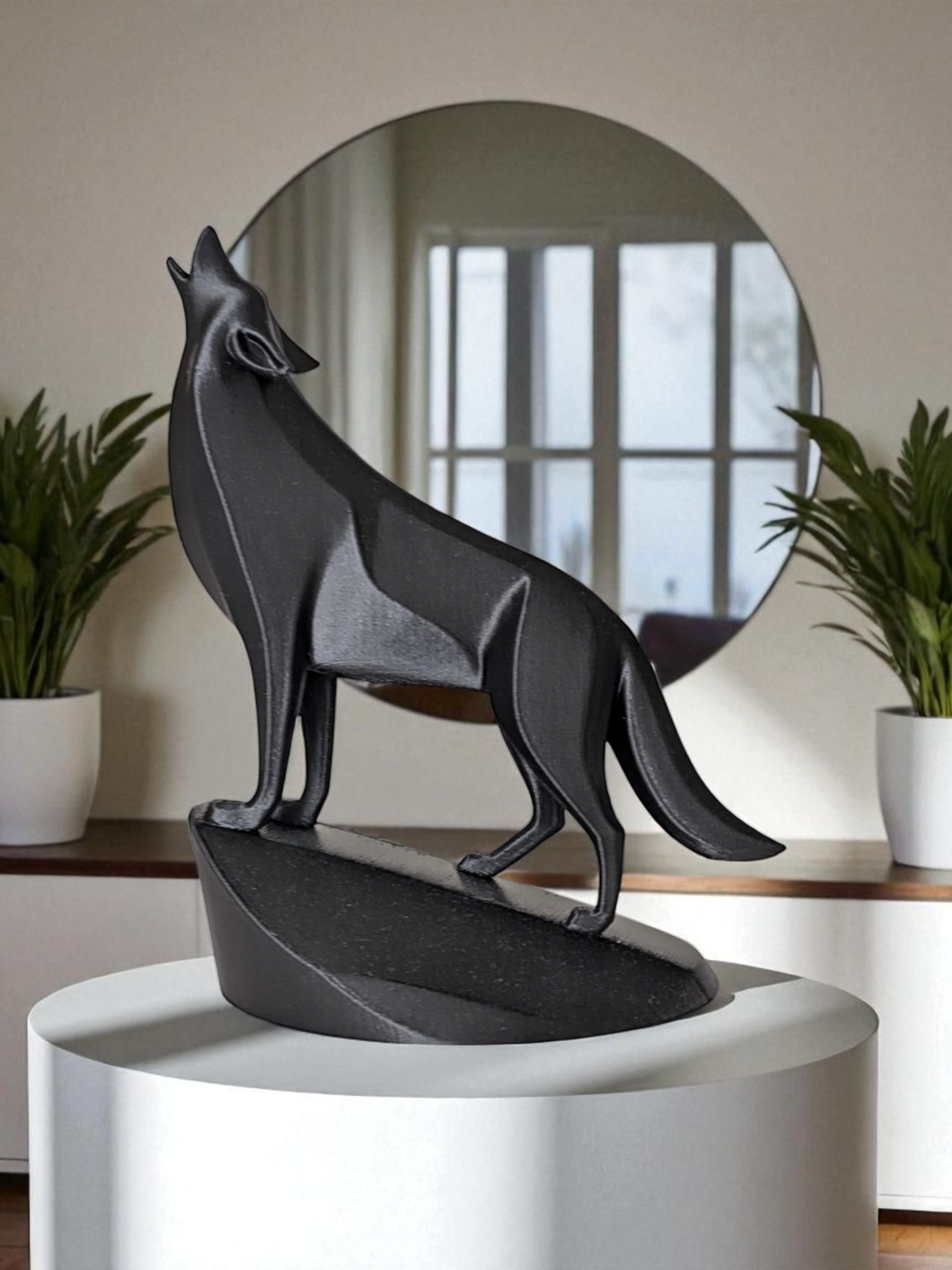 Close-up of minimalist wolf sculpture showing geometric planes and open mouth detail