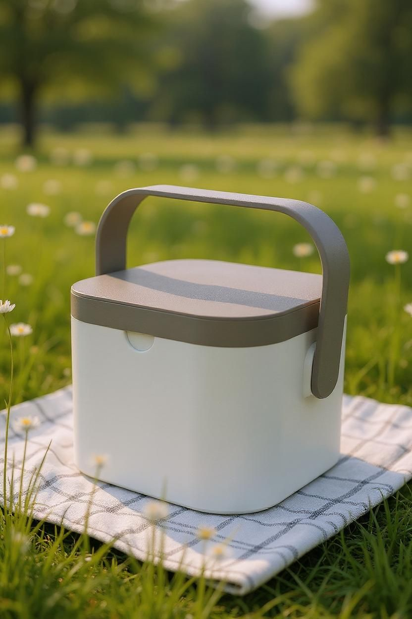 Freezable cooler cube with four separate compartments for cans, viewed from above