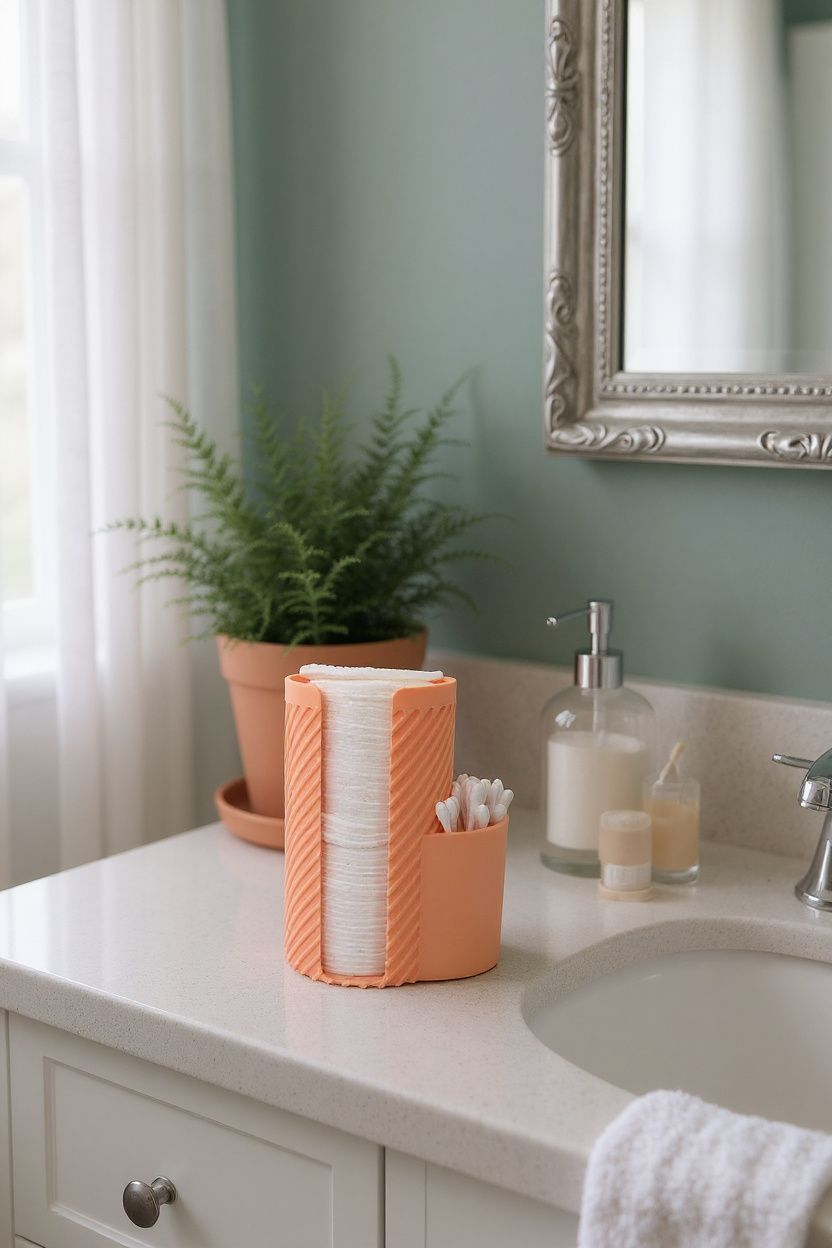 Two-part cotton pad organizer on bathroom counter next to sink and mirror