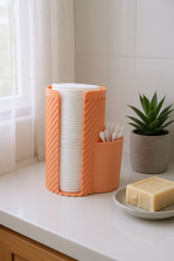 Close-up of ribbed cotton pad organizer showing dual compartments and textured walls