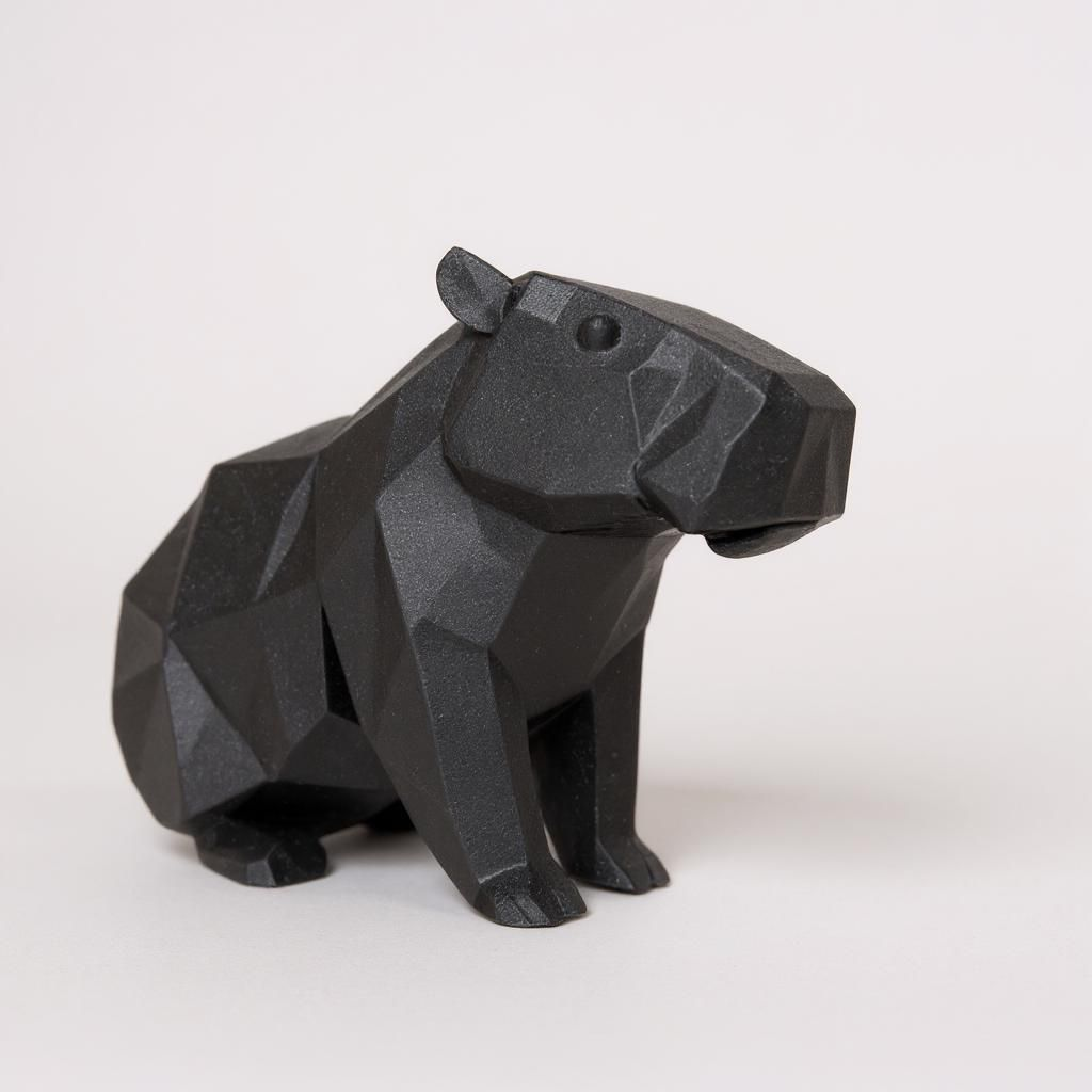 Close-up of the low poly capybara's textured surface with light-catching facets