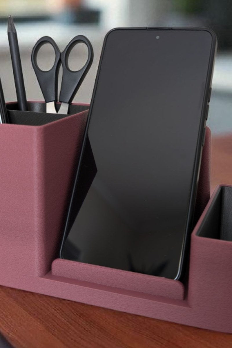 Desk organizer with phone holder showing dual-color design and textured surface