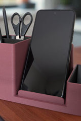 Desk organizer with phone holder showing dual-color design and textured surface