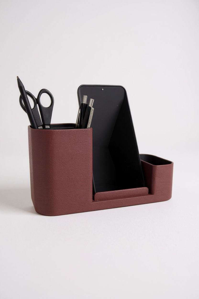 Desk organizer with phone holder showing dual-color design and textured surface